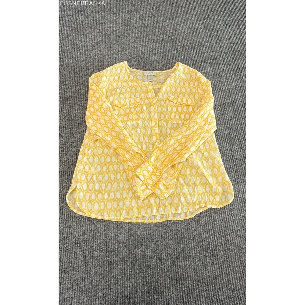 LOFT Yellow White Women's Petites Blouse Geometric Split V-Neck Top - Size MP